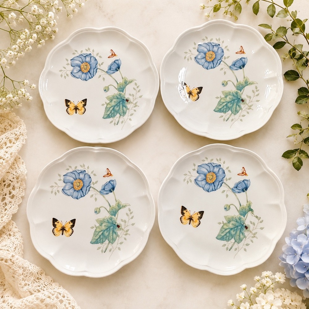 Lenox Butterfly Meadow Monarch 9in Accent‎ Plates Set of 4 Blue Poppy Porcelain